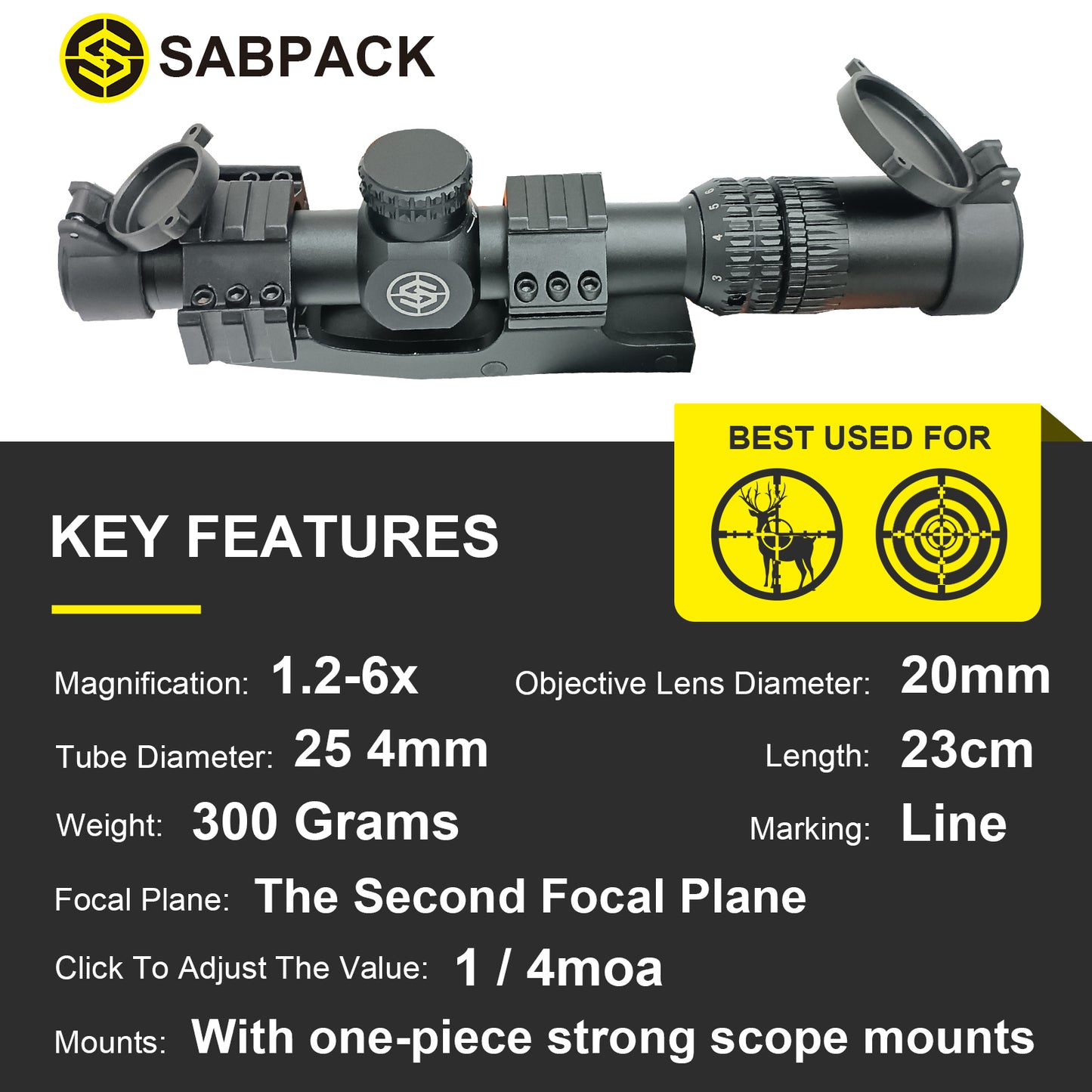 Sapack optic scope 1.2-6X20 Tactical Riflescope Cross Sight with One-piece strong mount for Hunting Sniper Airsoft Air Guns