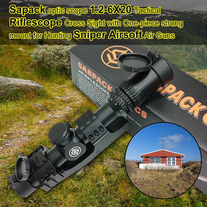 Sapack optic scope 1.2-6X20 Tactical Riflescope Cross Sight with One-piece strong mount for Hunting Sniper Airsoft Air Guns