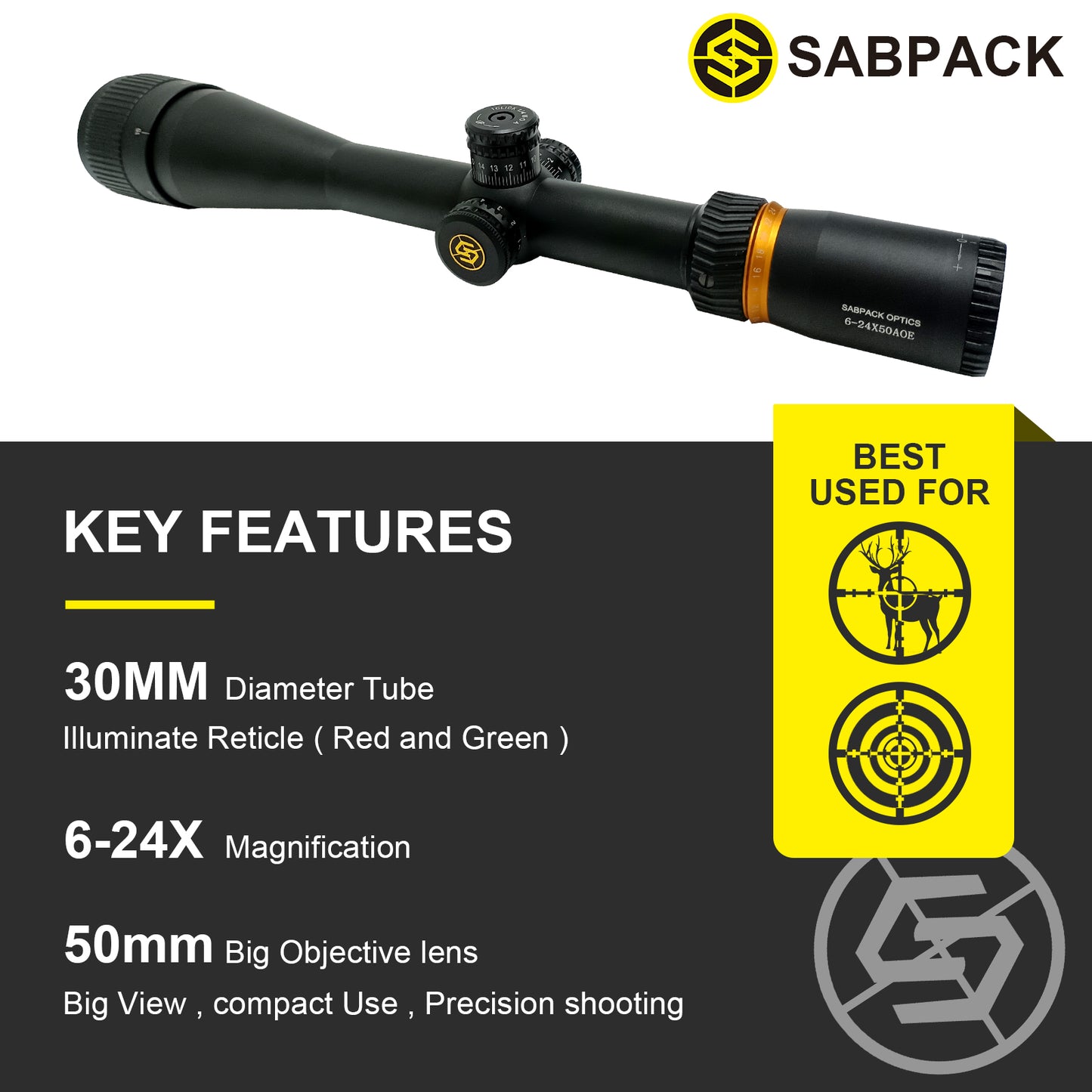 SABPACK 6-24x50 Rifle Scope illumination Reticle, Adjustable Objective, Second Focal Plane, 30mm Tube Riflescopes with strong mounts